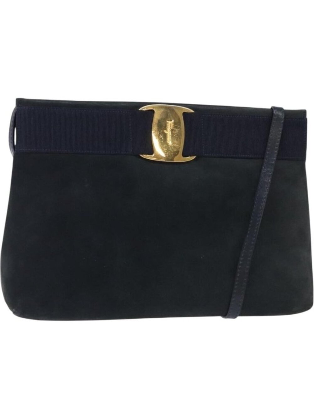 Salvatore Ferragamo Vala Shoulder Bag Suede Navy Gold